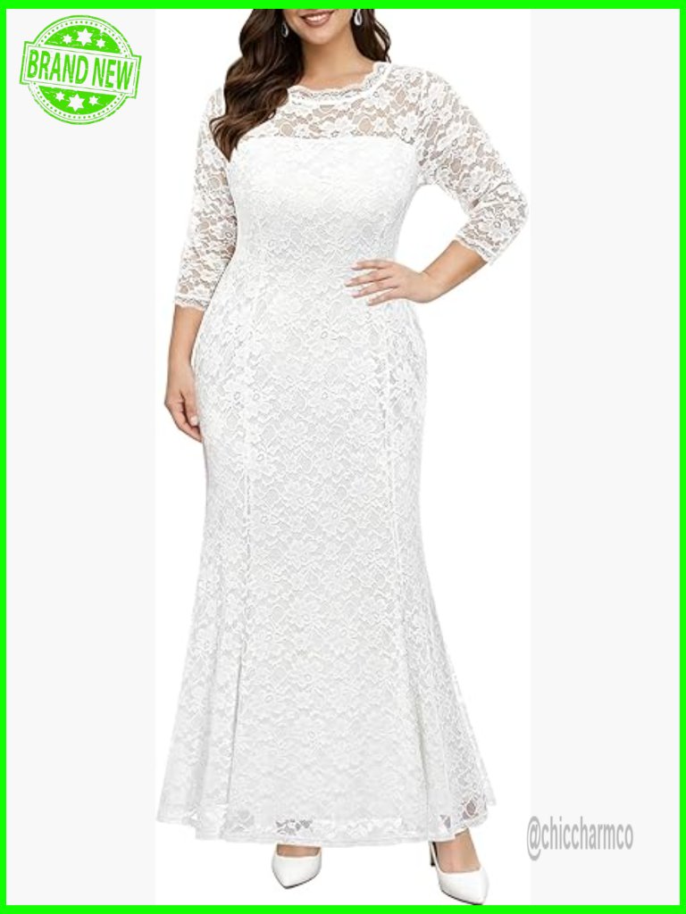 Plus Size Wedding Dress Lace Mermaid Formal Evening Gown With 3/4 Sleeves